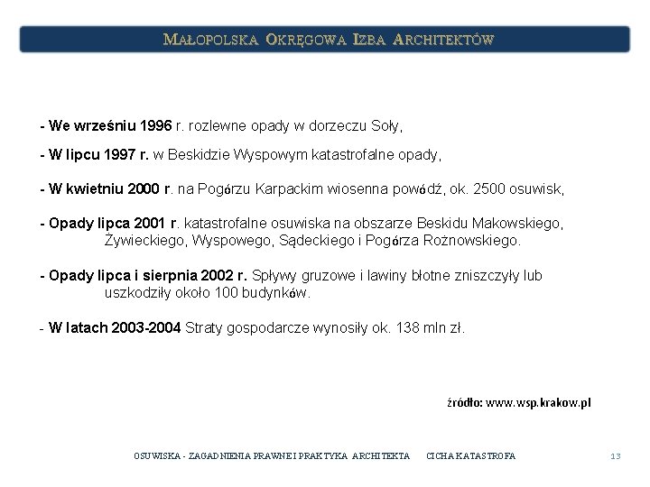 MAŁOPOLSKA OKRĘGOWA IZBA ARCHITEKTÓW - We wrześniu 1996 r. rozlewne opady w dorzeczu Soły,