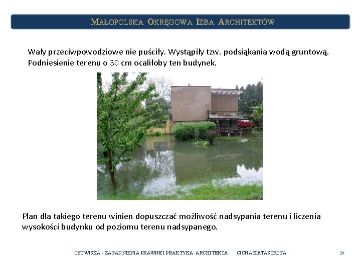 MAŁOPOLSKA OKRĘGOWA IZBA ARCHITEKTÓW Wały przeciwpowodziowe nie puściły. Wystąpiły tzw. podsiąkania wodą gruntową. Podniesienie