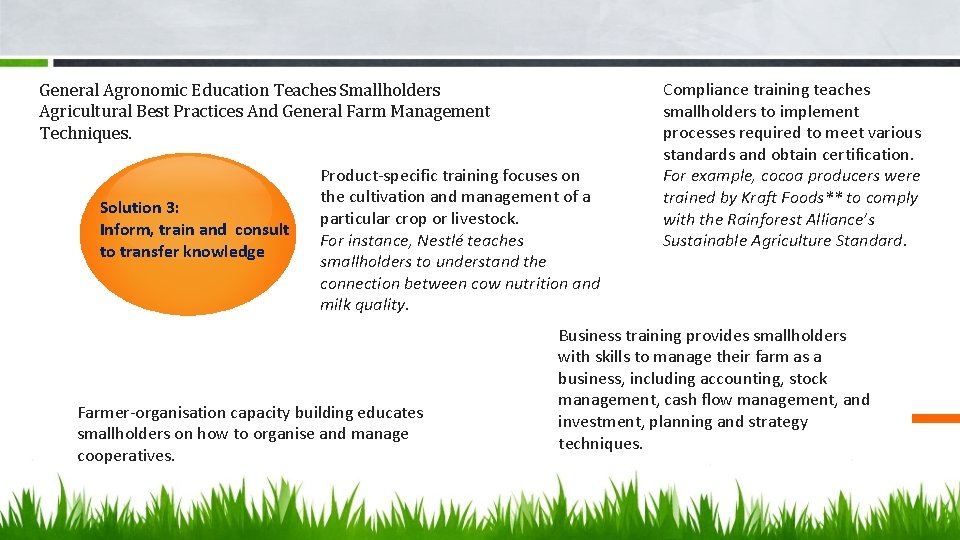 General Agronomic Education Teaches Smallholders Agricultural Best Practices And General Farm Management Techniques. Solution