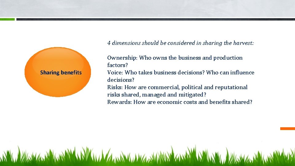 4 dimensions should be considered in sharing the harvest: Sharing benefits Ownership: Who owns