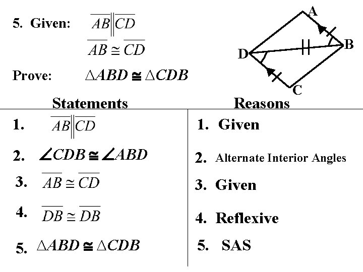 A 5. Given: B D Prove: ∆ABD ∆CDB Statements 1. Reasons 1. Given 2.
