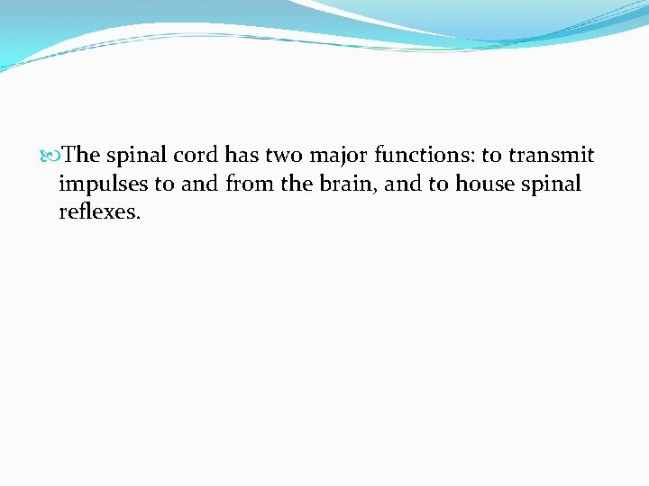  The spinal cord has two major functions: to transmit impulses to and from