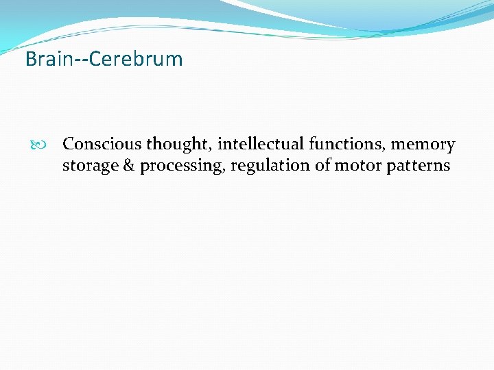 Brain--Cerebrum Conscious thought, intellectual functions, memory storage & processing, regulation of motor patterns 