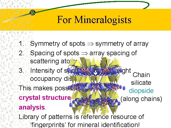 For Mineralogists 1. Symmetry of spots symmetry of array 2. Spacing of spots array