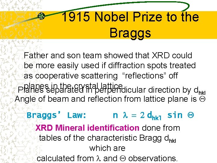 1915 Nobel Prize to the Braggs Father and son team showed that XRD could