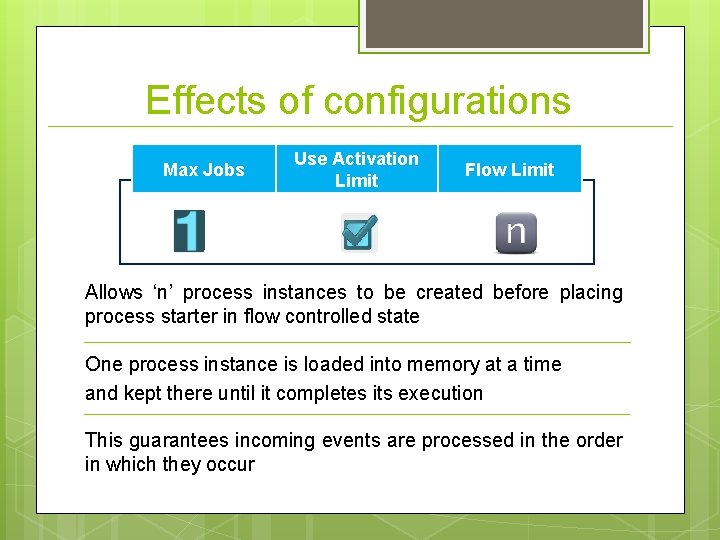 Effects of configurations Max Jobs Use Activation Limit Flow Limit Allows ‘n’ process instances