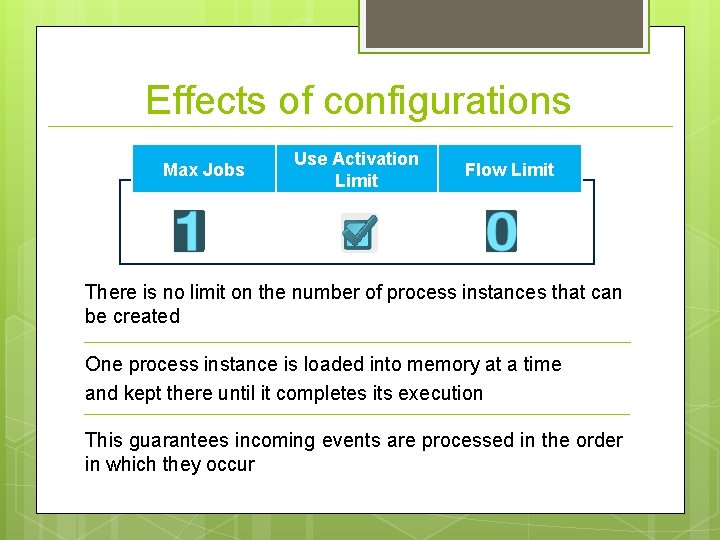 Effects of configurations Max Jobs Use Activation Limit Flow Limit There is no limit