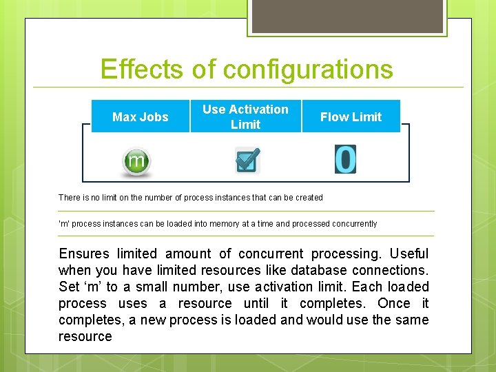 Effects of configurations Max Jobs Use Activation Limit Flow Limit There is no limit