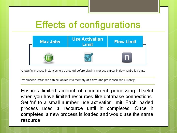 Effects of configurations Max Jobs Use Activation Limit Flow Limit Allows ‘n’ process instances
