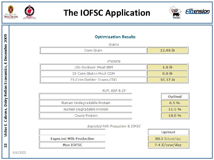 18 Victor E. Cabrera, Dairy Ration Economics, 4 December 2009 The IOFSC Application 9/6/2021