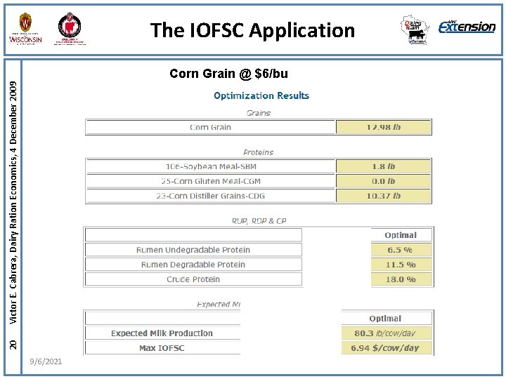 20 Victor E. Cabrera, Dairy Ration Economics, 4 December 2009 The IOFSC Application Corn