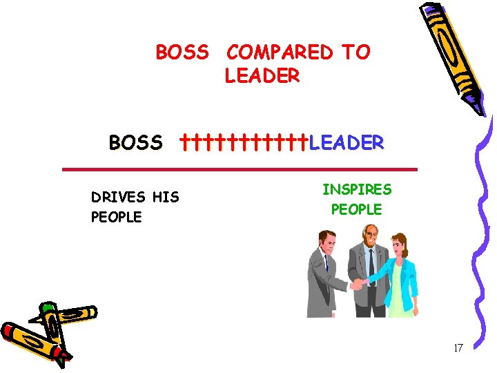 BOSS COMPARED TO LEADER BOSS ††††††LEADER DRIVES HIS PEOPLE INSPIRES PEOPLE 17 