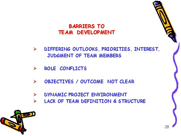 BARRIERS TO TEAM DEVELOPMENT Ø DIFFERING OUTLOOKS, PRIORITIES, INTEREST, JUDGMENT OF TEAM MEMBERS Ø