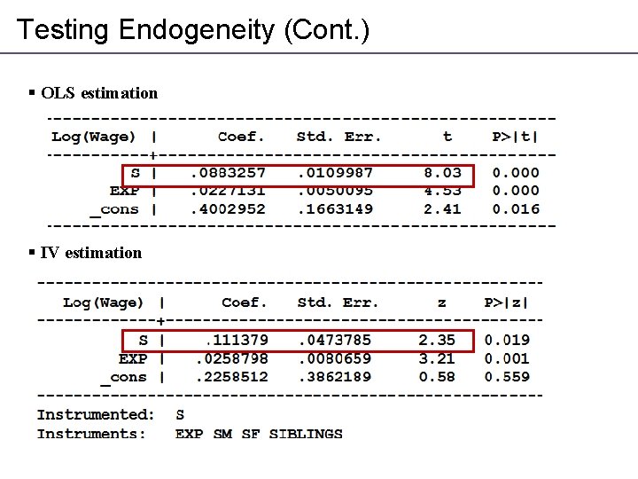 Testing Endogeneity (Cont. ) § OLS estimation § IV estimation 