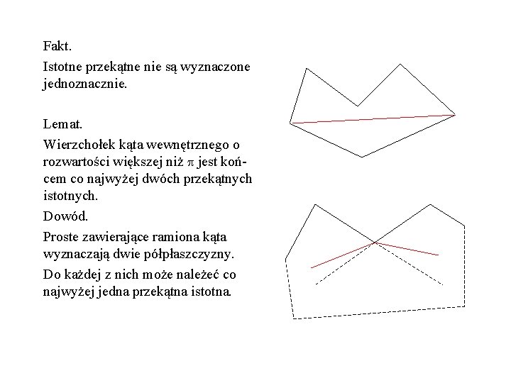 Fakt. Istotne przekątne nie są wyznaczone jednoznacznie. Lemat. Wierzchołek kąta wewnętrznego o rozwartości większej