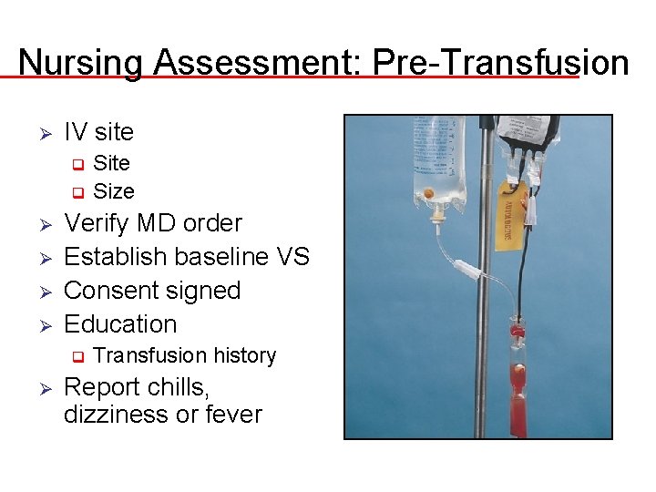 Nursing Assessment: Pre-Transfusion Ø IV site Site q Size q Ø Ø Verify MD