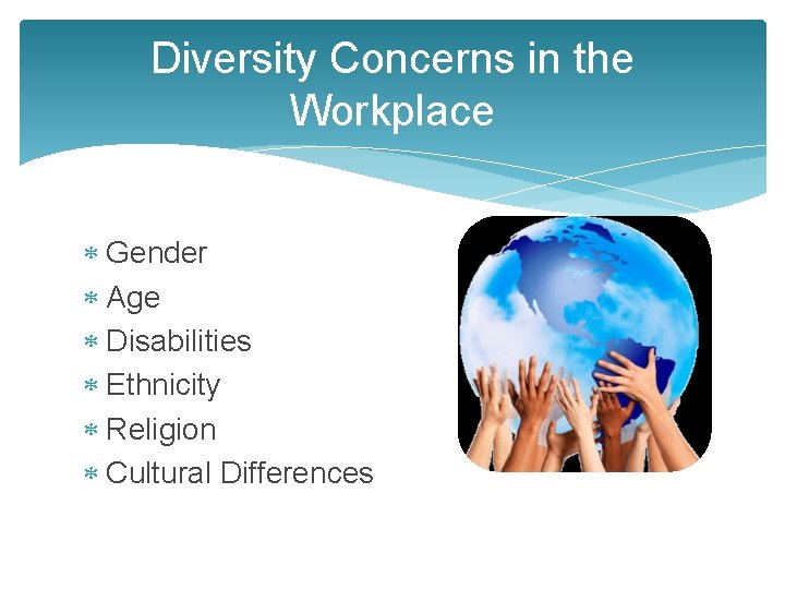 Diversity Concerns in the Workplace Gender Age Disabilities Ethnicity Religion Cultural Differences 