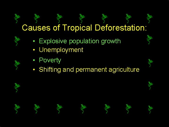 Causes of Tropical Deforestation: • Explosive population growth • Unemployment • Poverty • Shifting