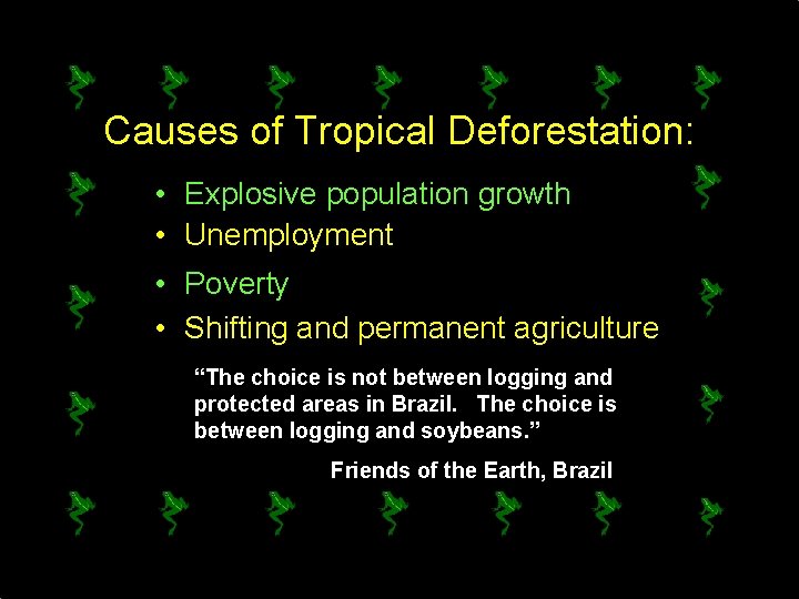 Causes of Tropical Deforestation: • Explosive population growth • Unemployment • Poverty • Shifting