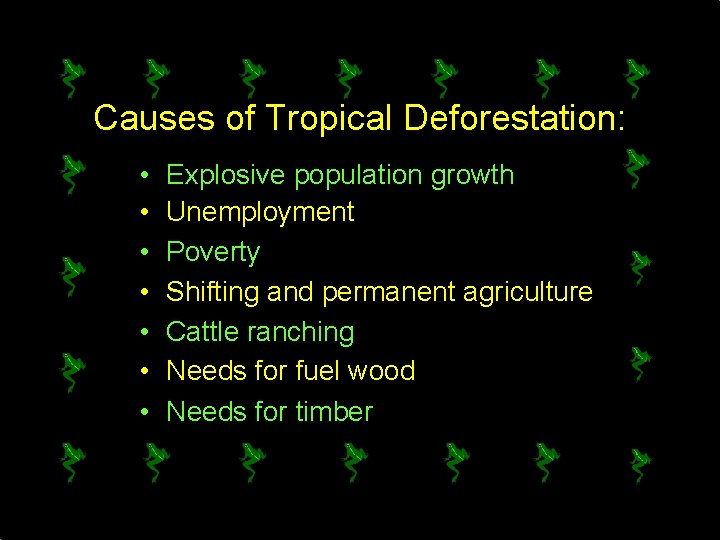 Causes of Tropical Deforestation: • • Explosive population growth Unemployment Poverty Shifting and permanent