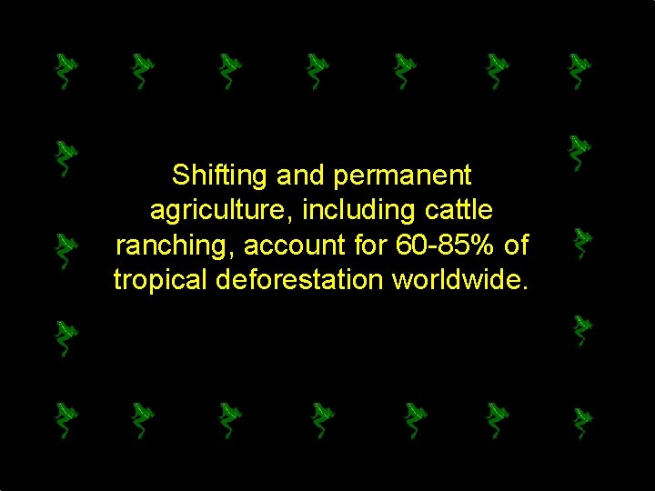 Shifting and permanent agriculture, including cattle ranching, account for 60 -85% of tropical deforestation