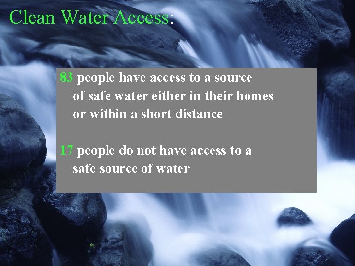 Clean Water Access: 83 people have access to a source of safe water either