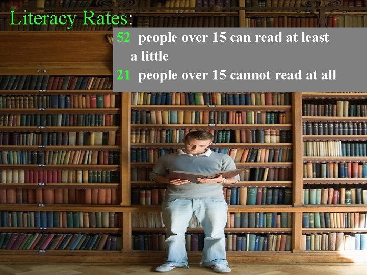 Literacy Rates: 52 people over 15 can read at least a little 21 people