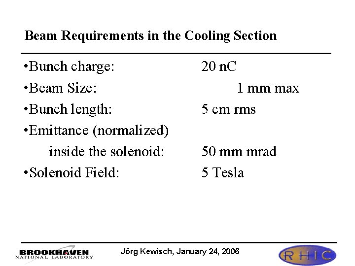 Beam Requirements in the Cooling Section • Bunch charge: • Beam Size: • Bunch