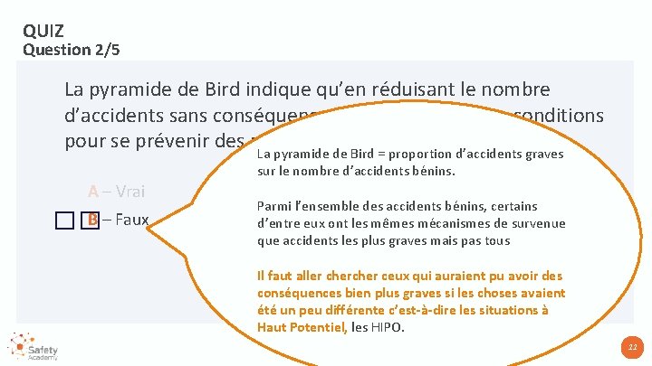 QUIZ Question 2/5 La pyramide de Bird indique qu’en réduisant le nombre d’accidents sans