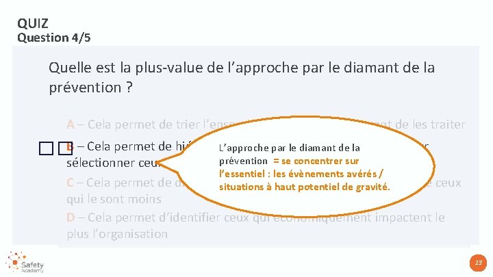 QUIZ Question 4/5 Quelle est la plus-value de l’approche par le diamant de la