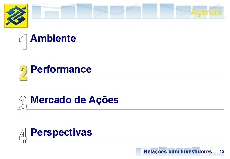 Agenda Ambiente Performance Mercado de Ações Perspectivas Relações com Investidores 15 