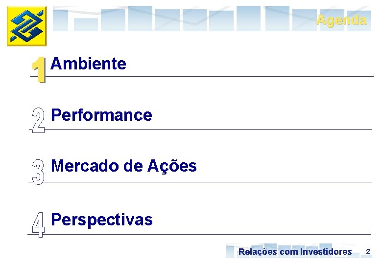 Agenda Ambiente Performance Mercado de Ações Perspectivas Relações com Investidores 2 