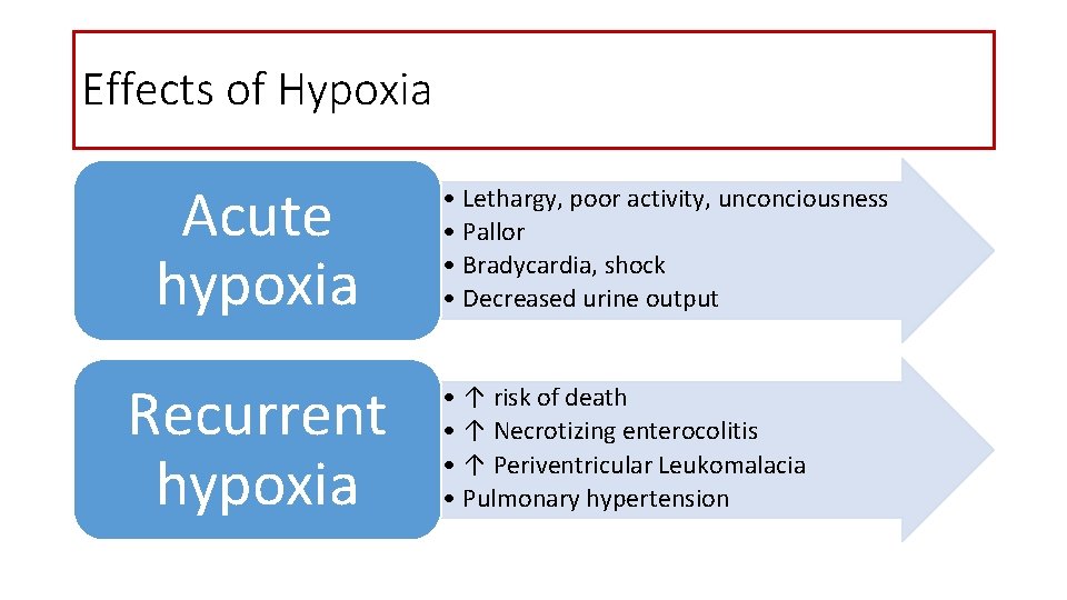 Effects of Hypoxia Acute hypoxia Recurrent hypoxia • Lethargy, poor activity, unconciousness • Pallor