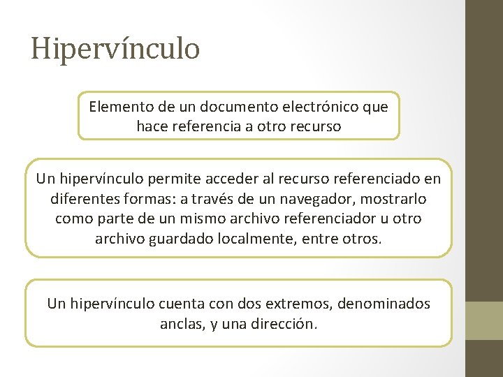 Hipervínculo Elemento de un documento electrónico que hace referencia a otro recurso Un hipervínculo