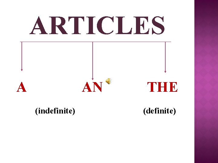 ARTICLES A AN (indefinite) THE (definite) 