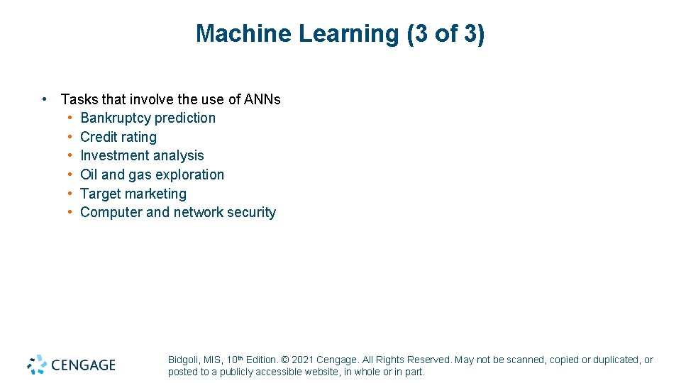 Machine Learning (3 of 3) • Tasks that involve the use of ANNs •