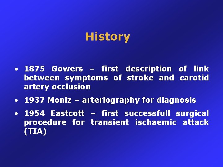 History • 1875 Gowers – first description of link between symptoms of stroke and