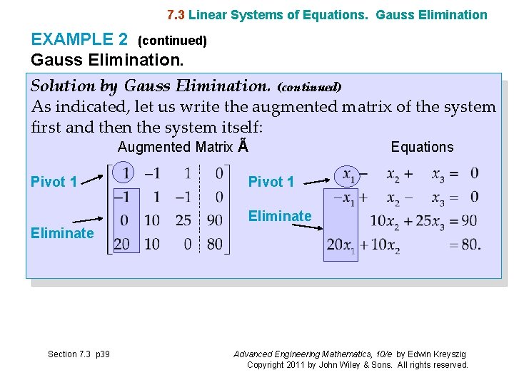 7. 3 Linear Systems of Equations. Gauss Elimination EXAMPLE 2 (continued) Gauss Elimination. Solution