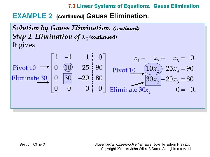 7. 3 Linear Systems of Equations. Gauss Elimination EXAMPLE 2 (continued) Gauss Elimination. Solution