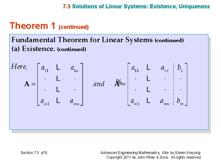 7. 5 Solutions of Linear Systems: Existence, Uniqueness Theorem 1 (continued) Fundamental Theorem for