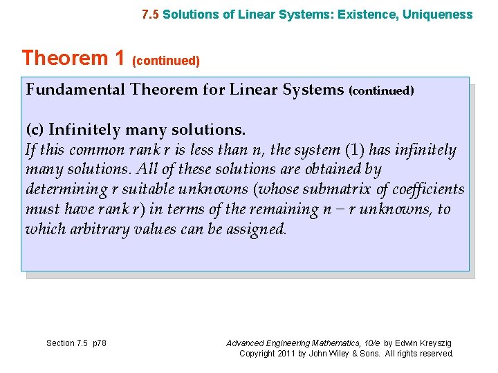 7. 5 Solutions of Linear Systems: Existence, Uniqueness Theorem 1 (continued) Fundamental Theorem for