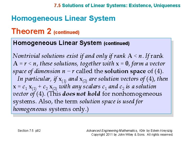 7. 5 Solutions of Linear Systems: Existence, Uniqueness Homogeneous Linear System Theorem 2 (continued)