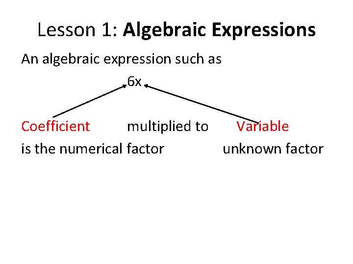 Lesson 1: Algebraic Expressions An algebraic expression such as 6 x Coefficient multiplied to