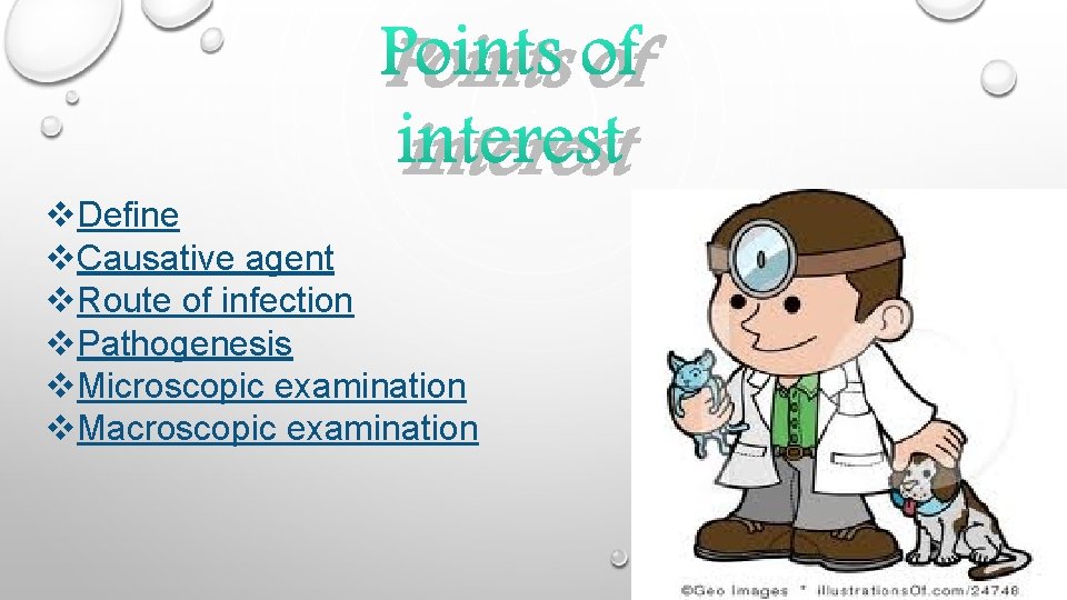 Points of interest v. Define v. Causative agent v. Route of infection v. Pathogenesis