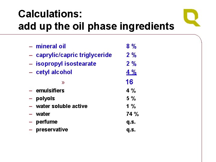 Calculations: add up the oil phase ingredients – – mineral oil caprylic/capric triglyceride isopropyl
