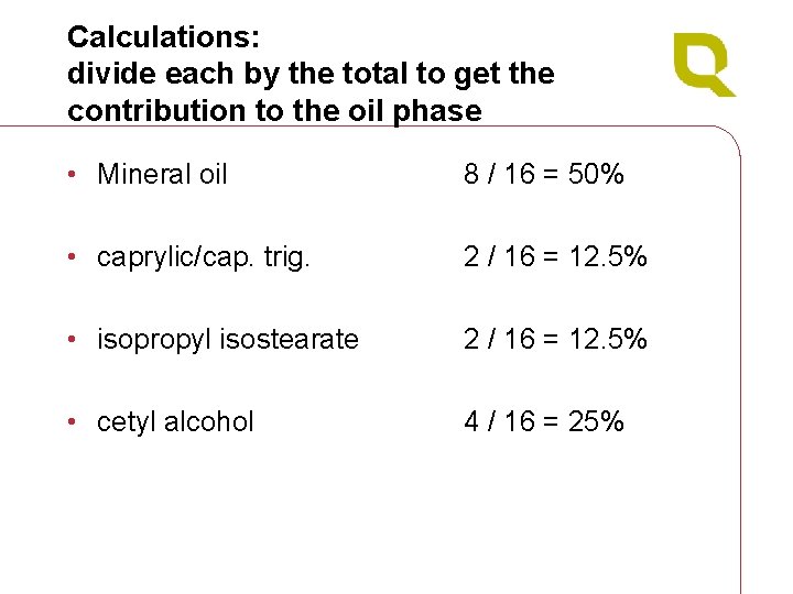 Calculations: divide each by the total to get the contribution to the oil phase