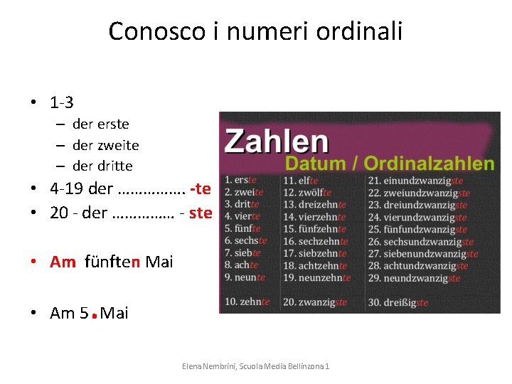 Conosco i numeri ordinali • 1 -3 – der erste – der zweite –