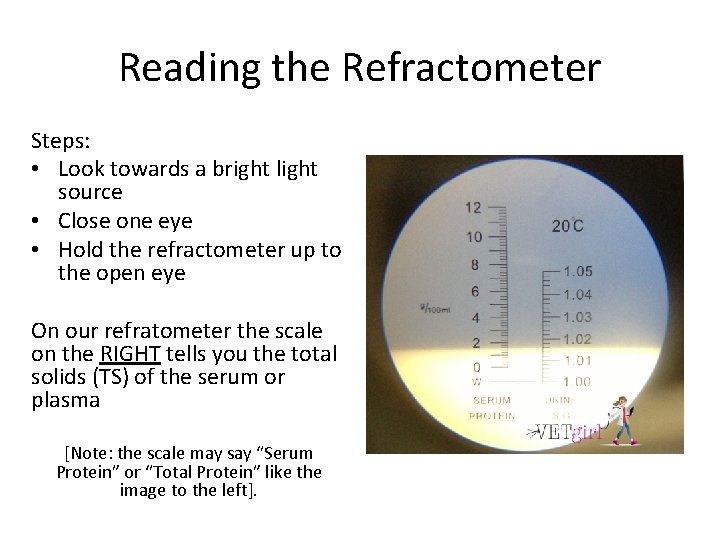 Reading the Refractometer Steps: • Look towards a bright light source • Close one