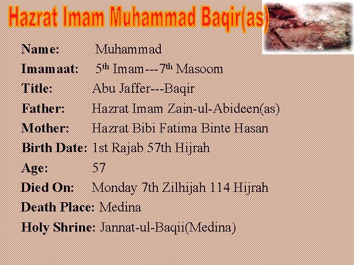 Name: Muhammad Imamaat: 5 th Imam---7 th Masoom Title: Abu Jaffer---Baqir Father: Hazrat Imam