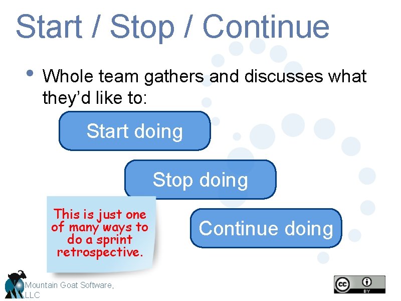 Start / Stop / Continue • Whole team gathers and discusses what they’d like